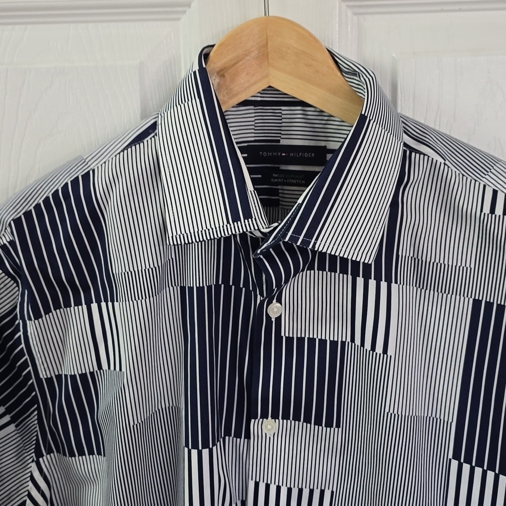 Tommy Hilfiger Men's Blue Block Stripes Long Sleeve Shirt Supima Cotton SZ Large - Picture 5 of 12